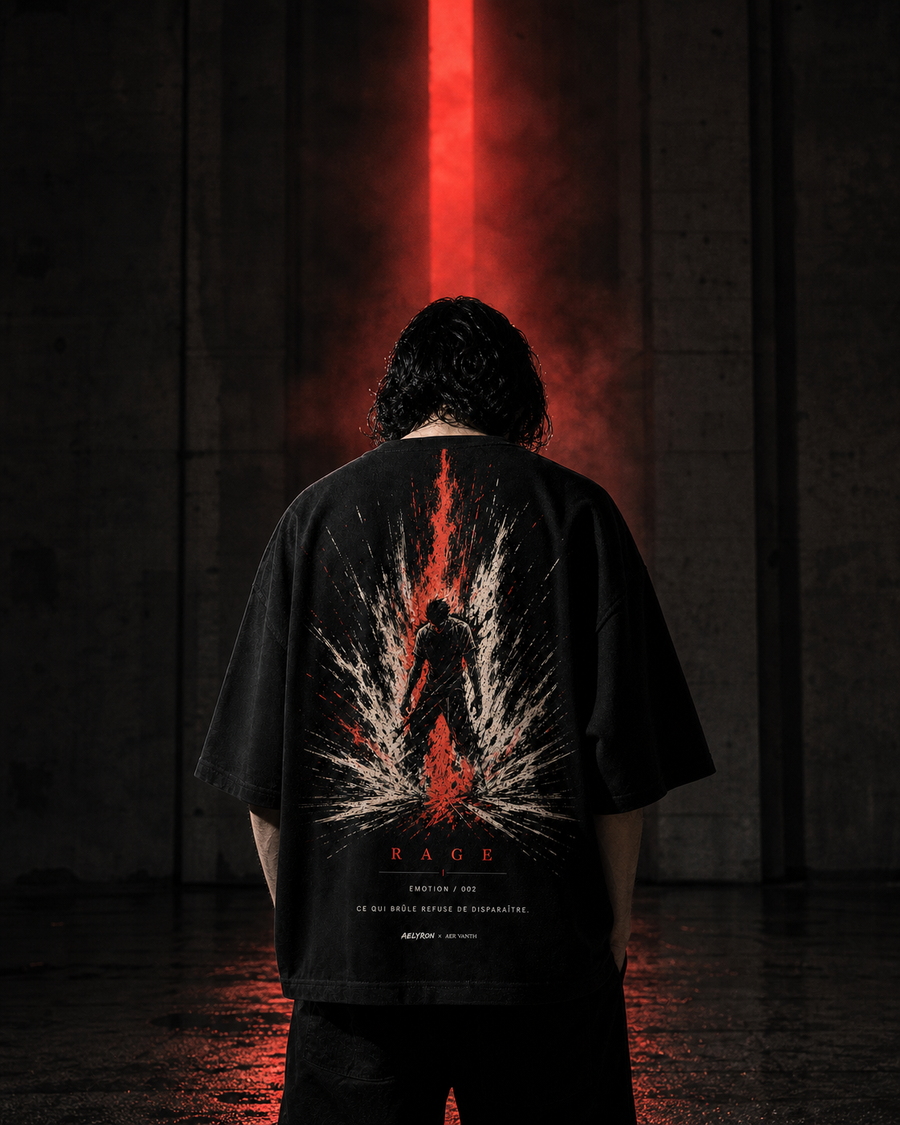 RAGE 002 — mise en situation du t-shirt oversize graphique AELYRON