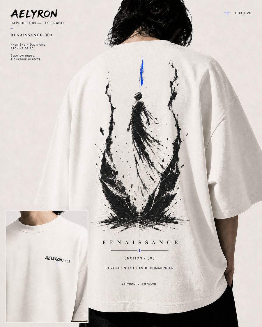 RENAISSANCE 003 — vues de face et de dos du t-shirt oversize graphique AELYRON