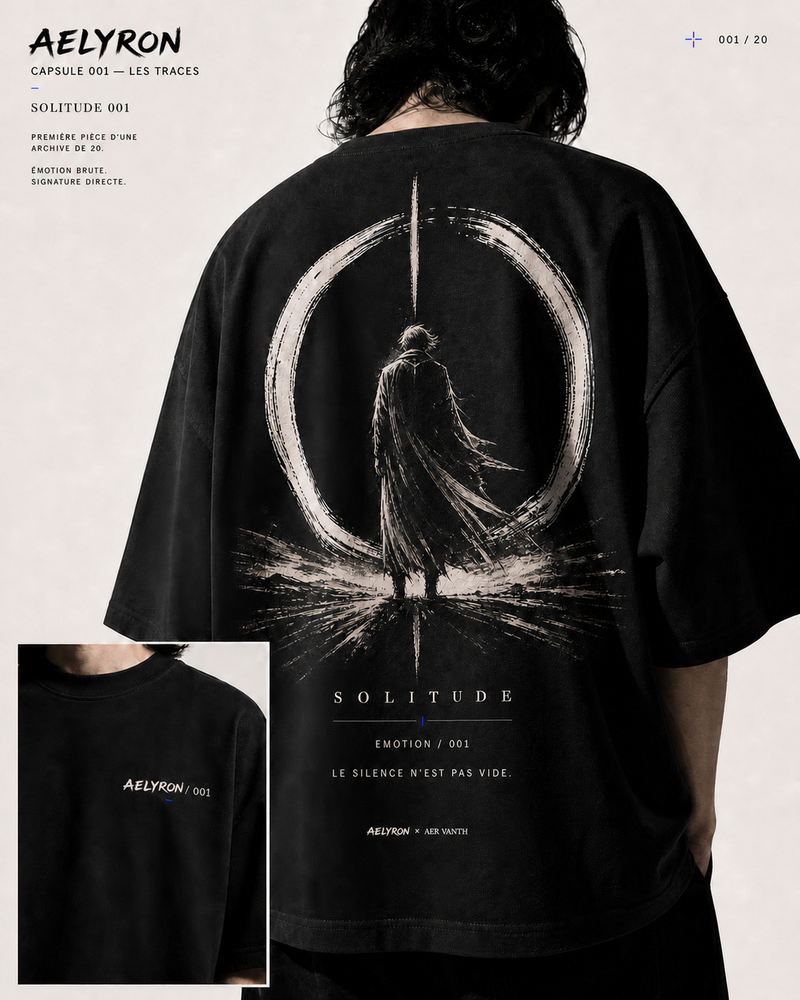 SOLITUDE 001 — vues de face et de dos du t-shirt oversize graphique AELYRON