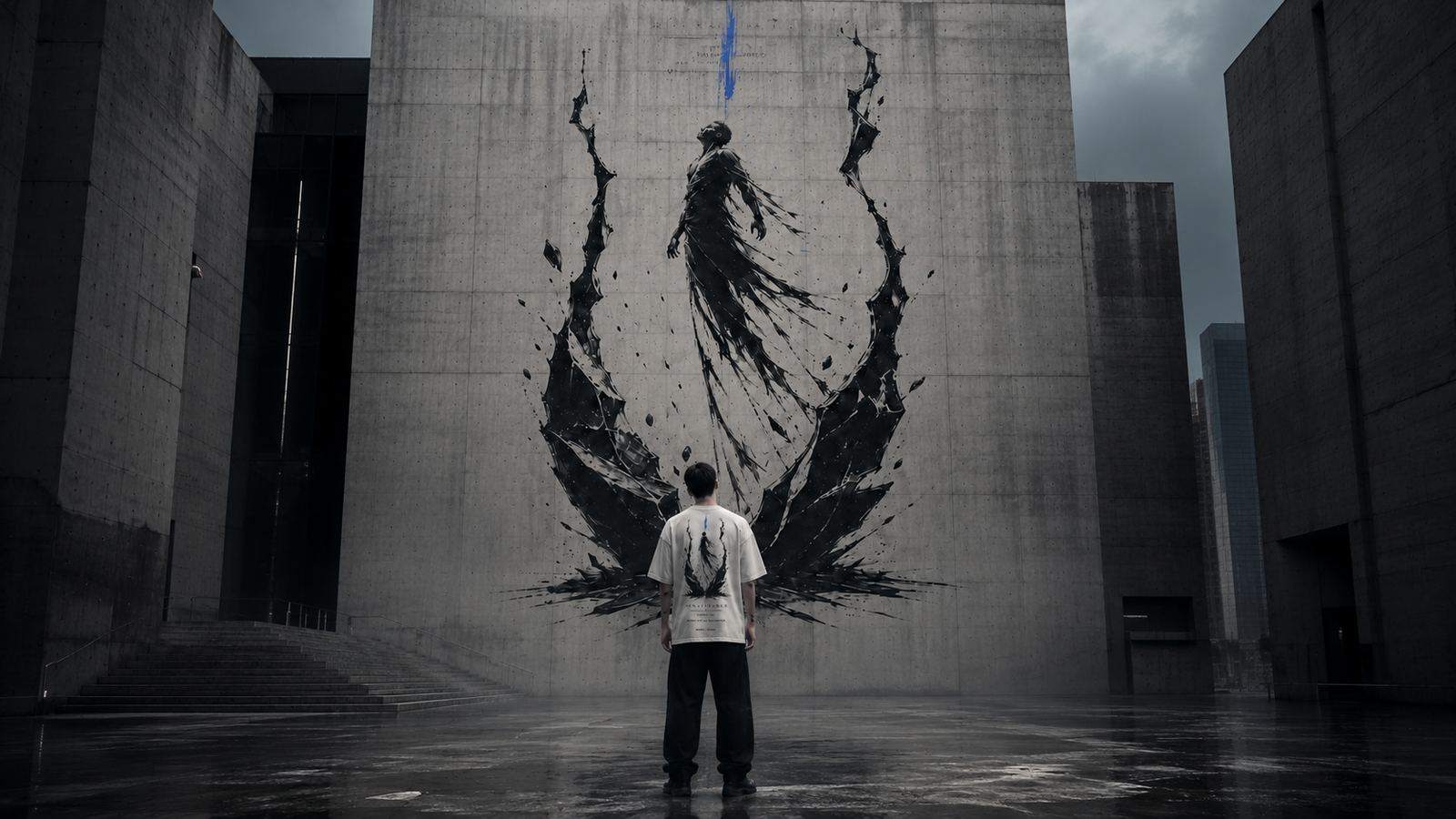 Streetwear émotionnel AELYRON dans une architecture brutaliste
