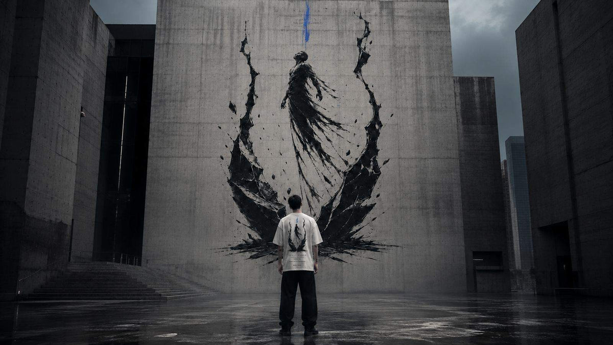 Silhouette face à une fresque monumentale — le streetwear comme récit émotionnel AELYRON