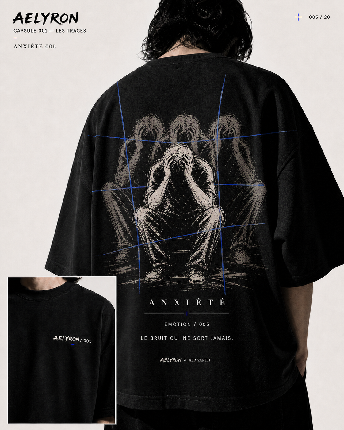 ANXIÉTÉ 005 — vues de face et de dos du t-shirt oversize graphique AELYRON