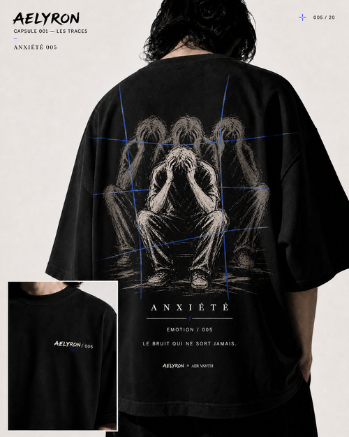 ANXIÉTÉ 005 — vues de face et de dos du t-shirt oversize graphique AELYRON