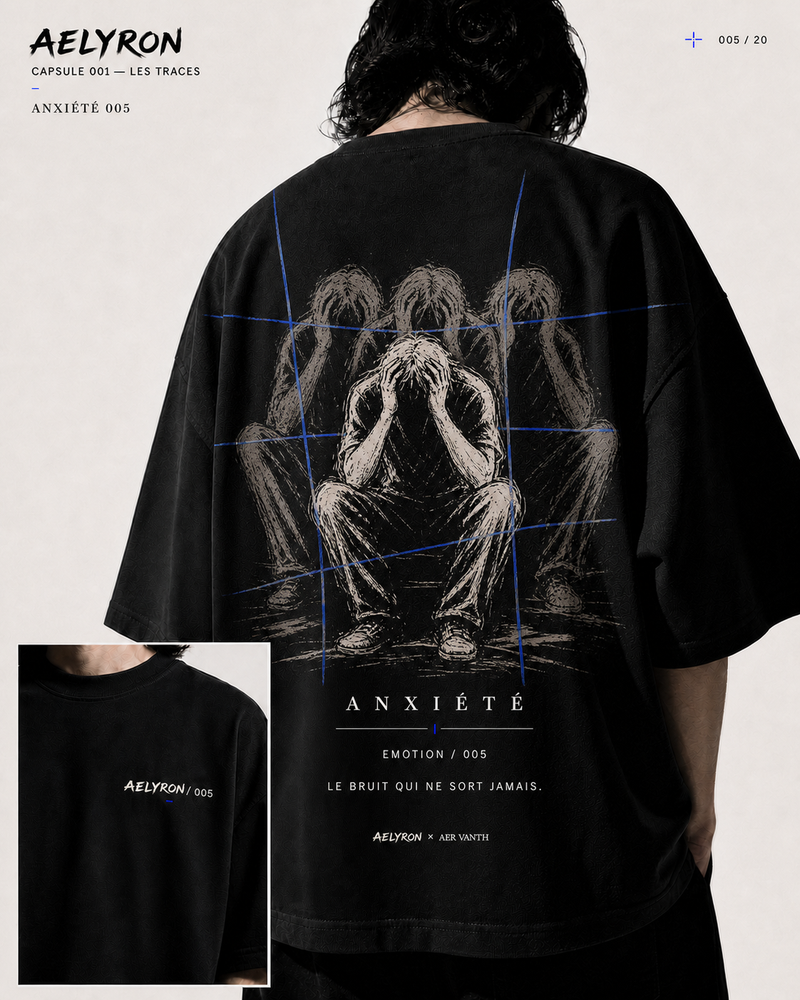 ANXIÉTÉ 005 — vues de face et de dos du t-shirt oversize graphique AELYRON