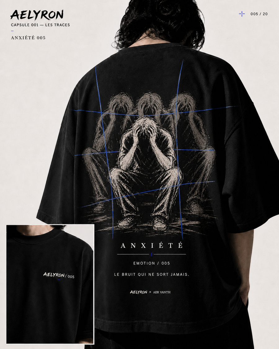 ANXIÉTÉ 005 — vues de face et de dos du t-shirt oversize graphique AELYRON