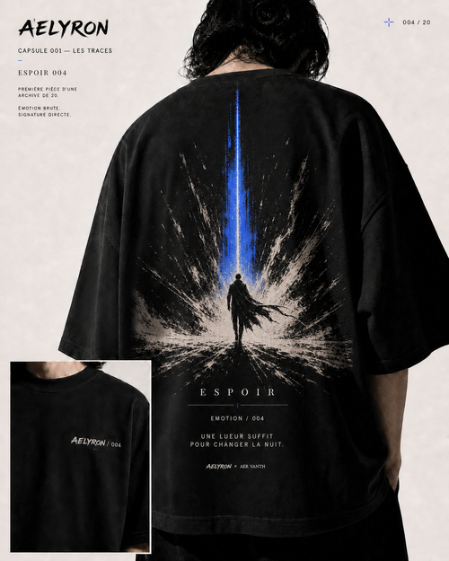 ESPOIR 004 — vues de face et de dos du t-shirt oversize graphique AELYRON
