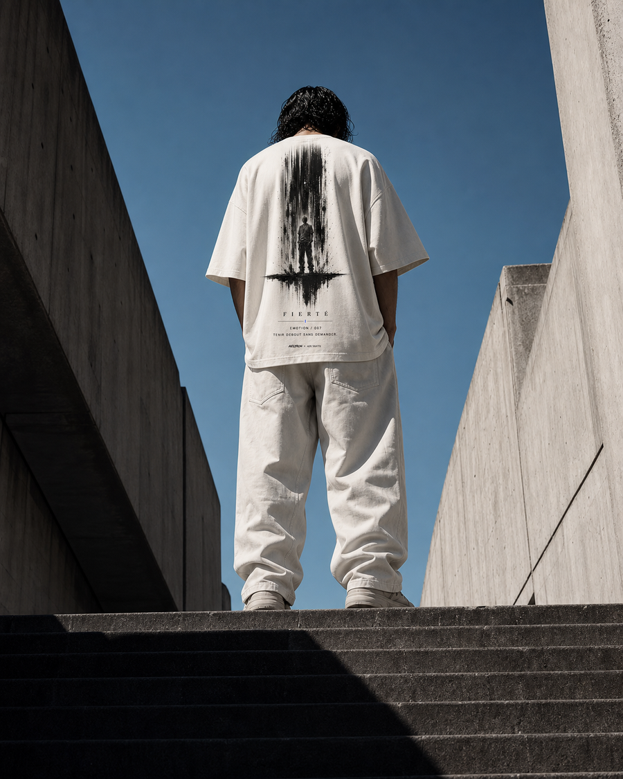 FIERTÉ 007 — mise en situation du t-shirt oversize graphique AELYRON