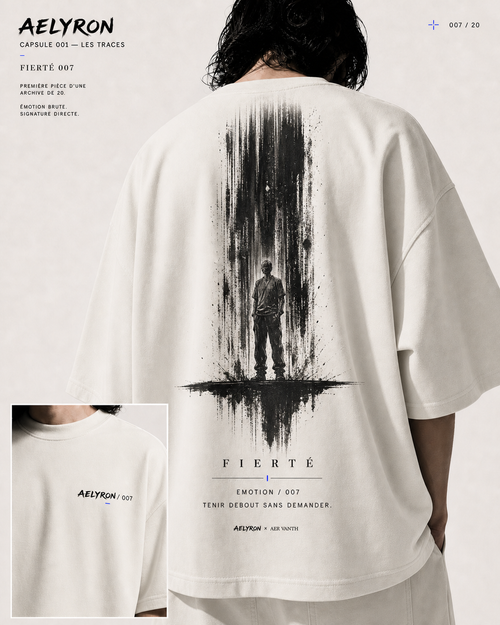 FIERTÉ 007 — vues de face et de dos du t-shirt oversize graphique AELYRON