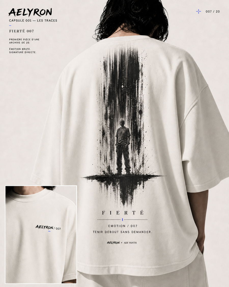 FIERTÉ 007 — vues de face et de dos du t-shirt oversize graphique AELYRON