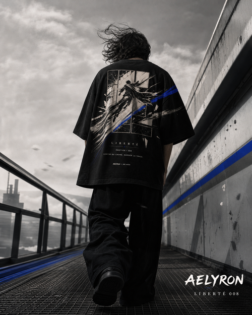LIBERTÉ 008 — mise en situation du t-shirt oversize graphique AELYRON