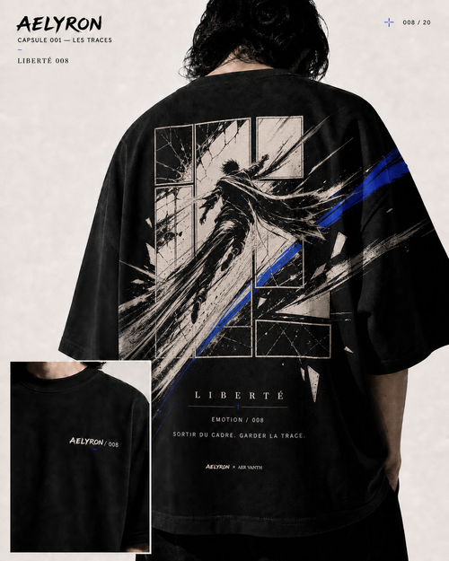 LIBERTÉ 008 — vues de face et de dos du t-shirt oversize graphique AELYRON