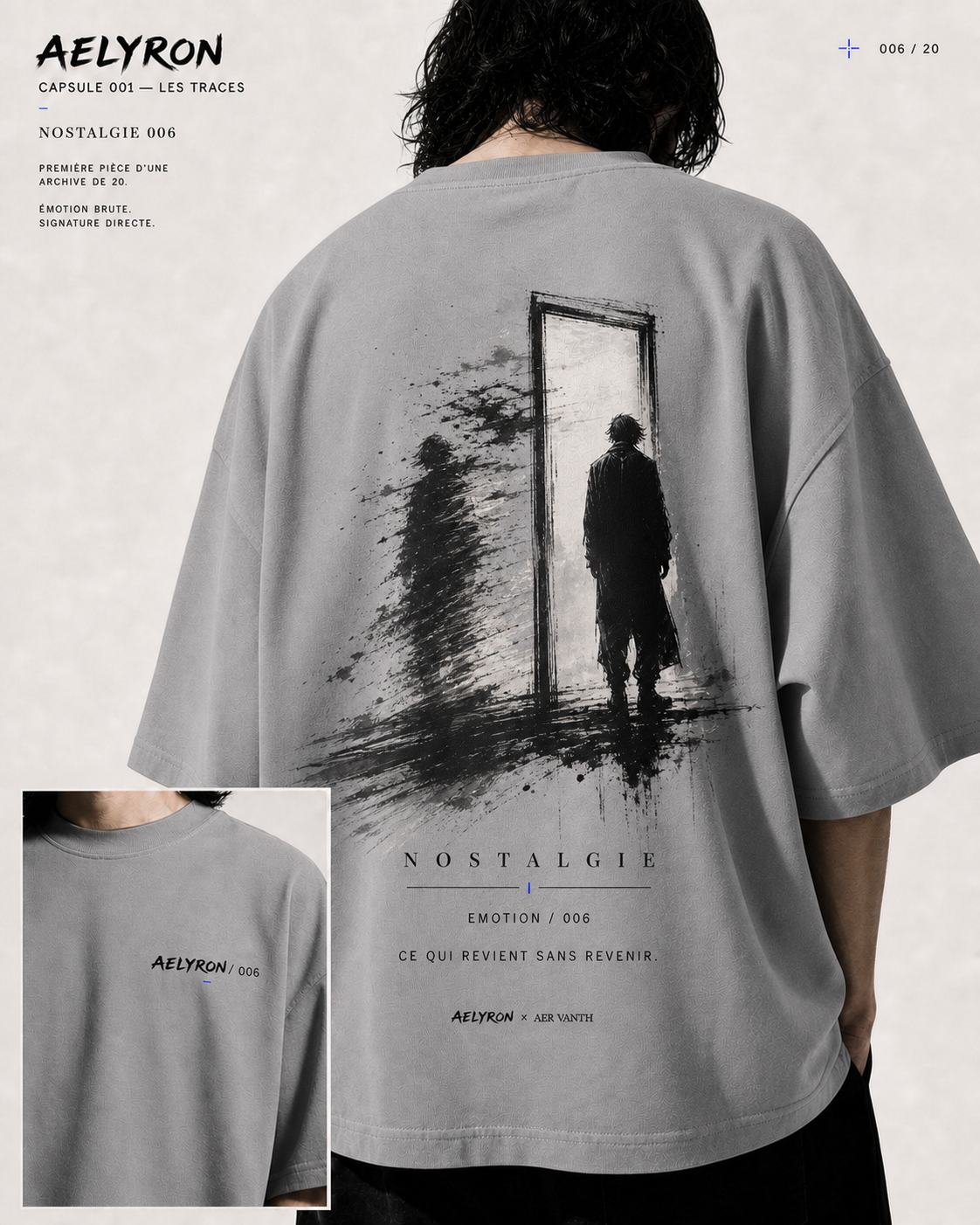 NOSTALGIE 006 — vues de face et de dos du t-shirt oversize graphique AELYRON