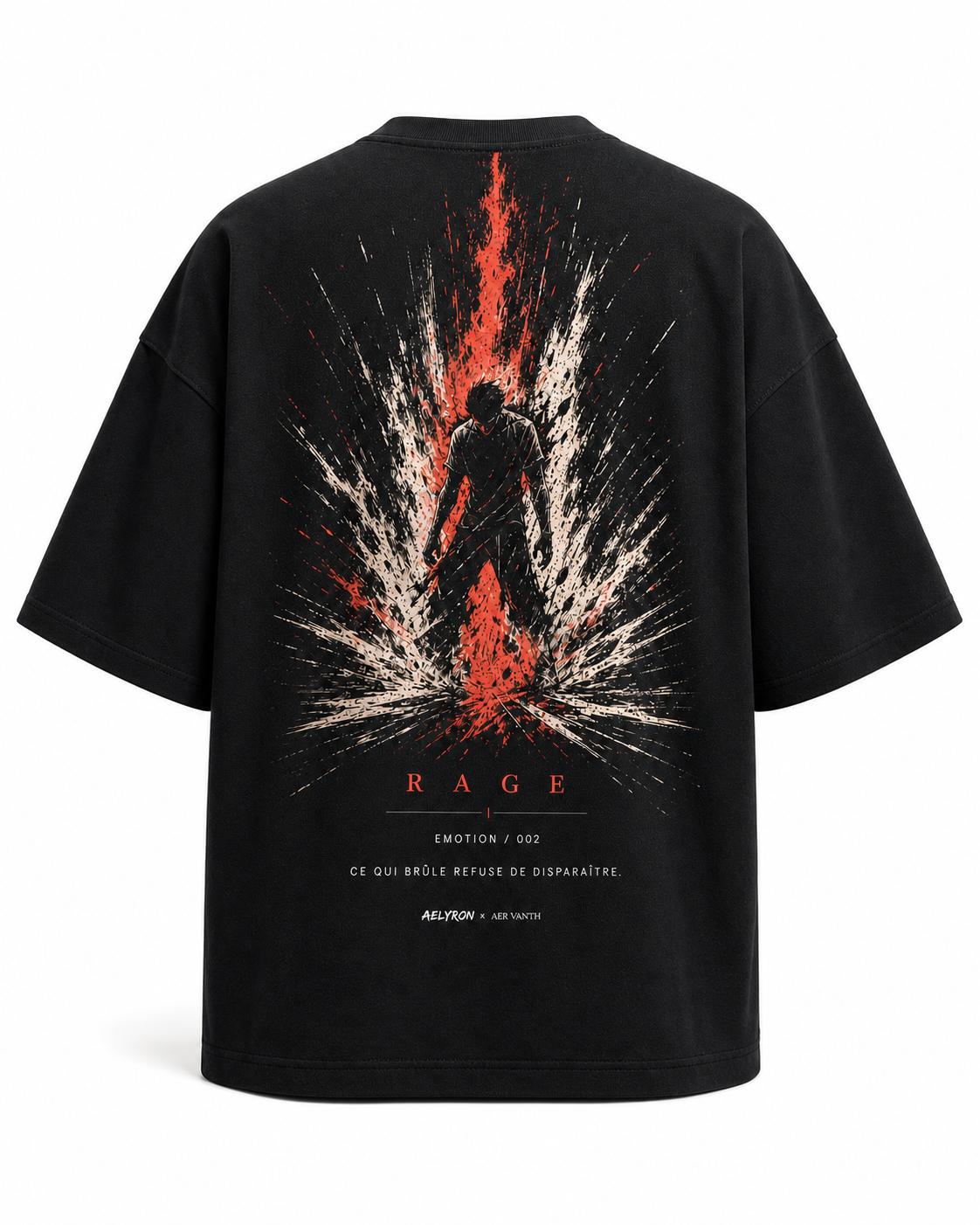 RAGE 002 — vue de dos du t-shirt oversize graphique AELYRON