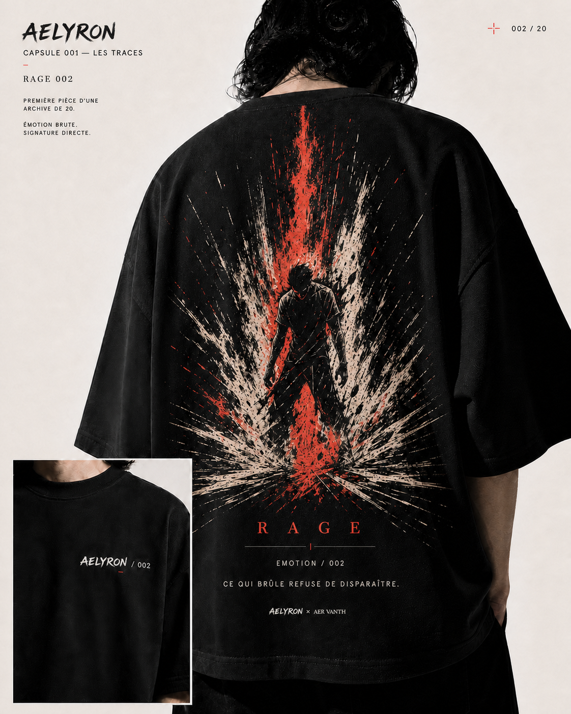 RAGE 002 — vues de face et de dos du t-shirt oversize graphique AELYRON
