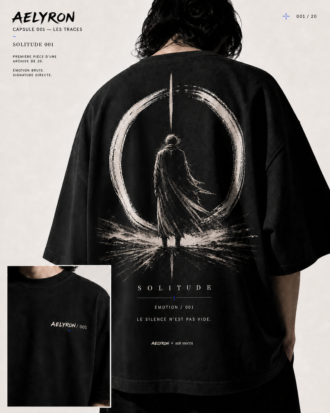 SOLITUDE 001 — vues de face et de dos du t-shirt oversize graphique AELYRON